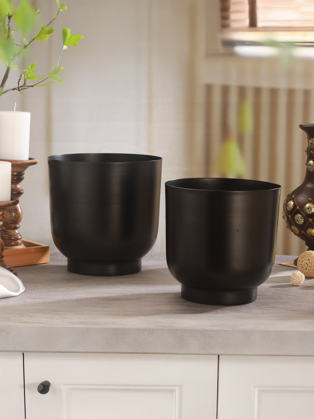 Matte Black Metal Planter Duo