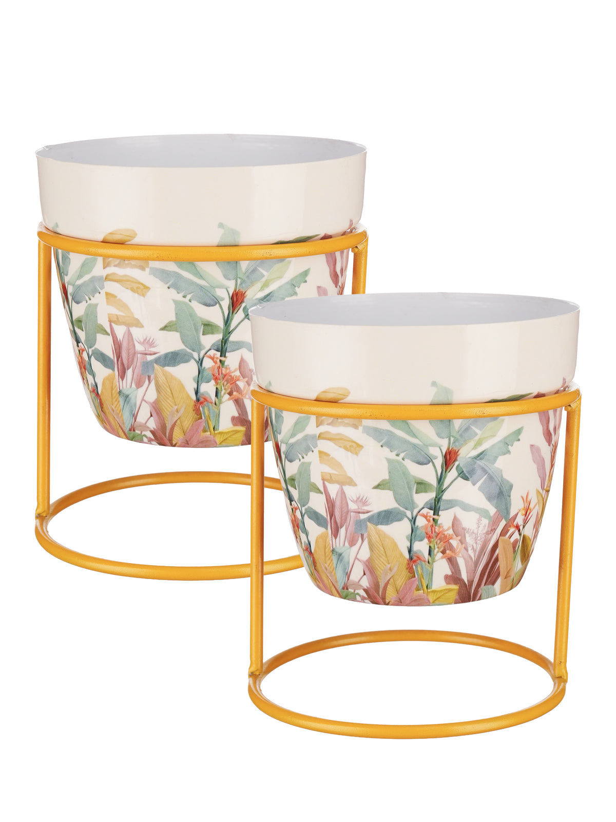 Set of 2 Floral Metal Planters with Gold Stand