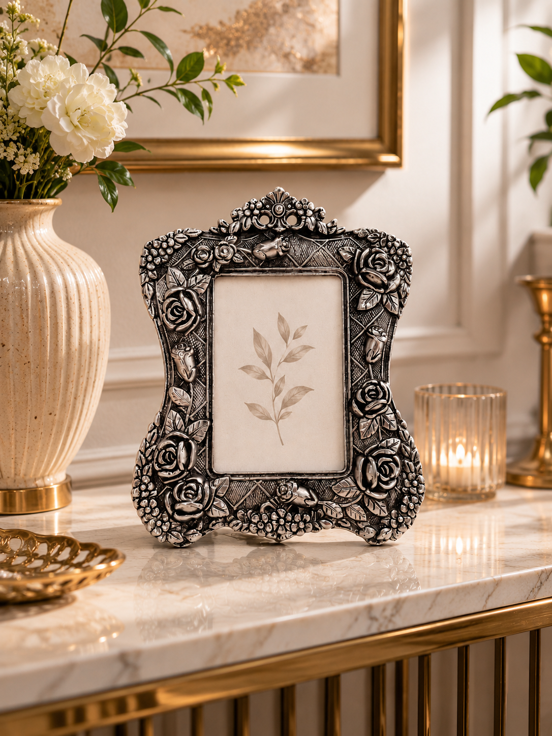 Vintage Floral Silver Finish Photo Frame