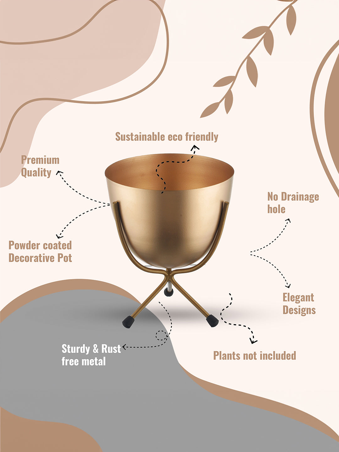 Matte Finish Golden Table Top Metal Planters With Stand