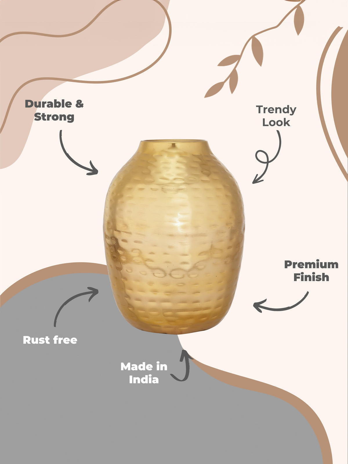 Handcrafted Hammered Gold Metal Flower Vase