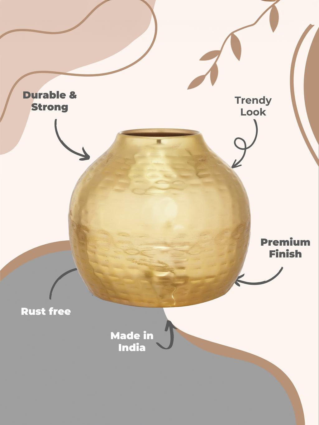 Handcrafted Hammered Gold Metal Flower Vase