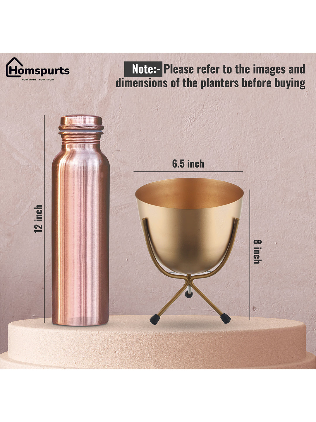 Matte Finish Golden Table Top Metal Planters With Stand