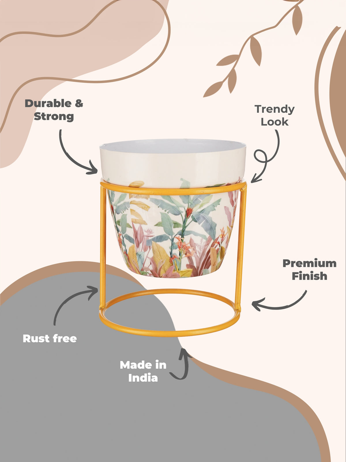 Set of 2 Floral Metal Planters with Gold Stand