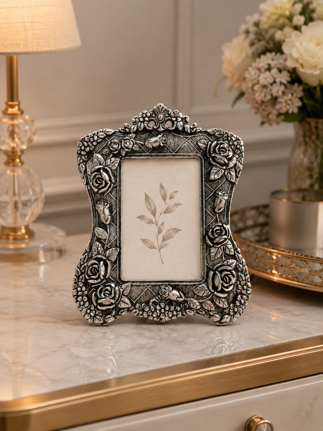 Vintage Floral Silver Finish Photo Frame