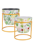 Set of 2 Floral Metal Planters with Gold Stand