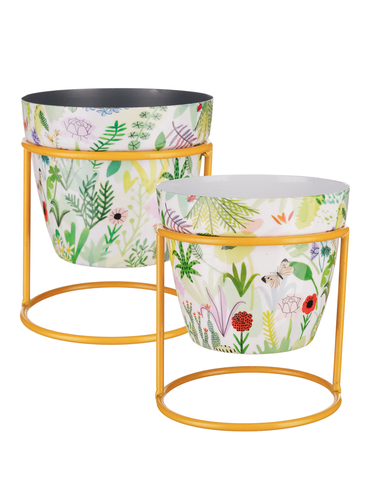Set of 2 Floral Metal Planters with Gold Stand