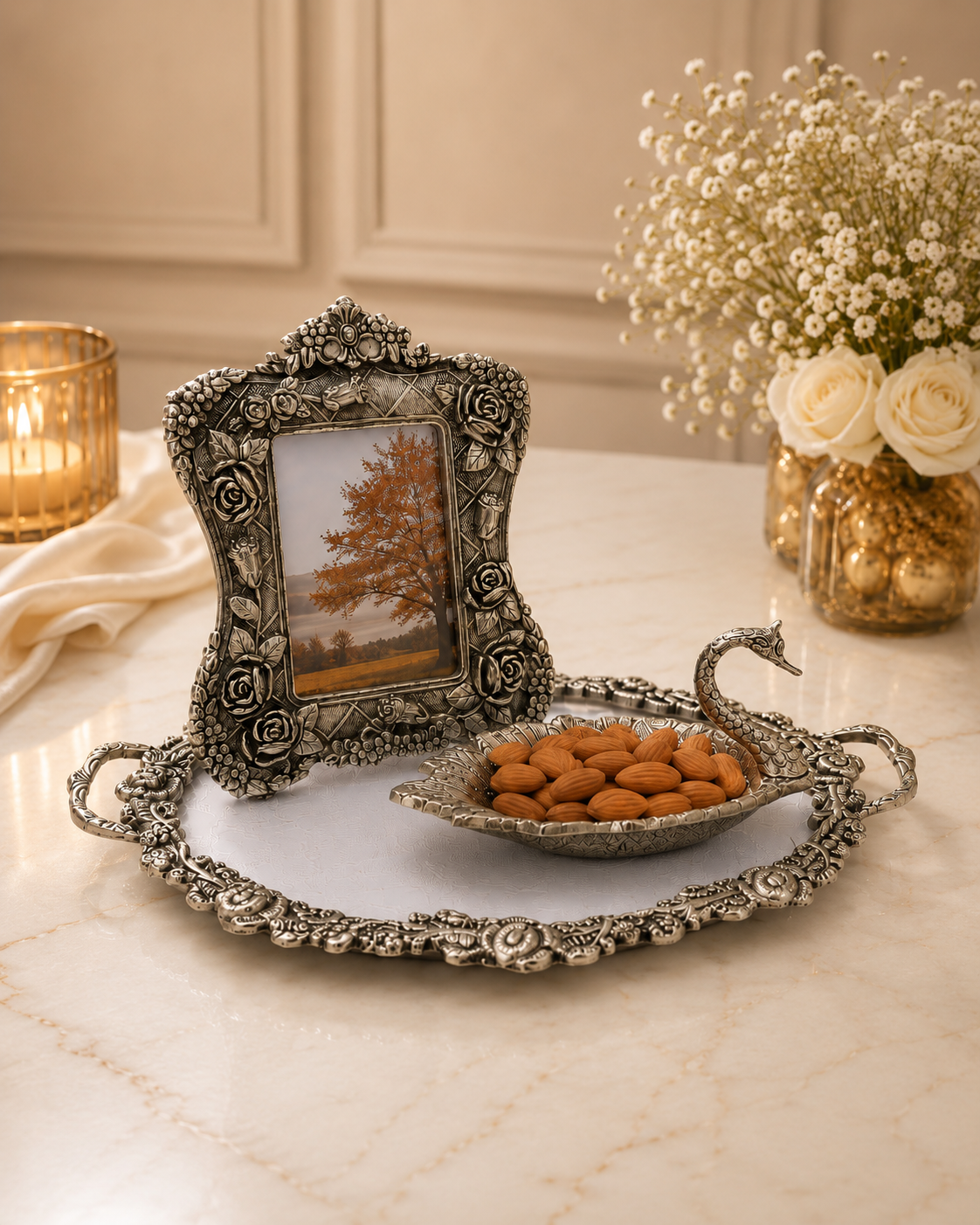 Vintage Peacock Tray with Floral Photo Frame