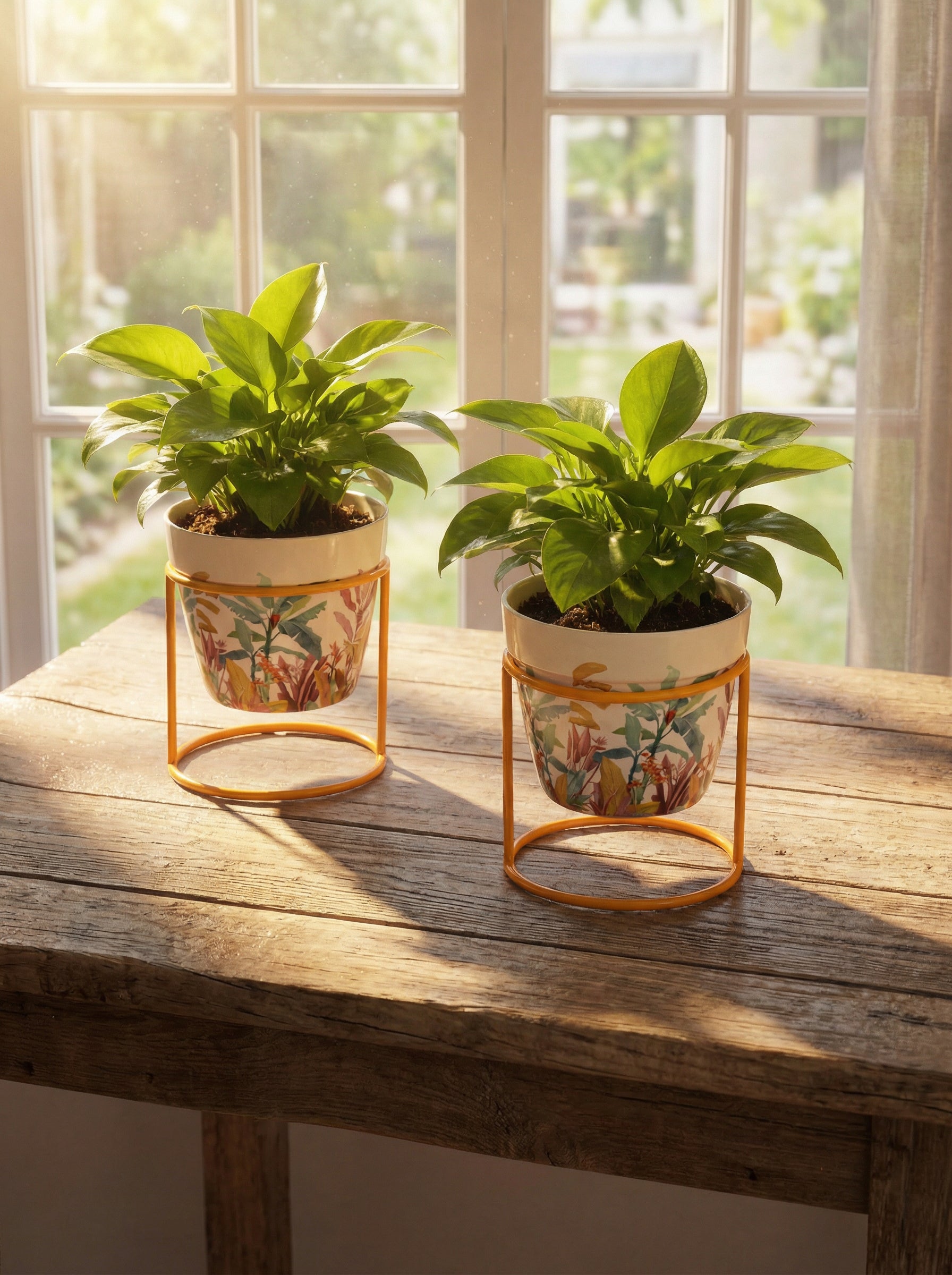 Set of 2 Floral Metal Planters with Gold Stand