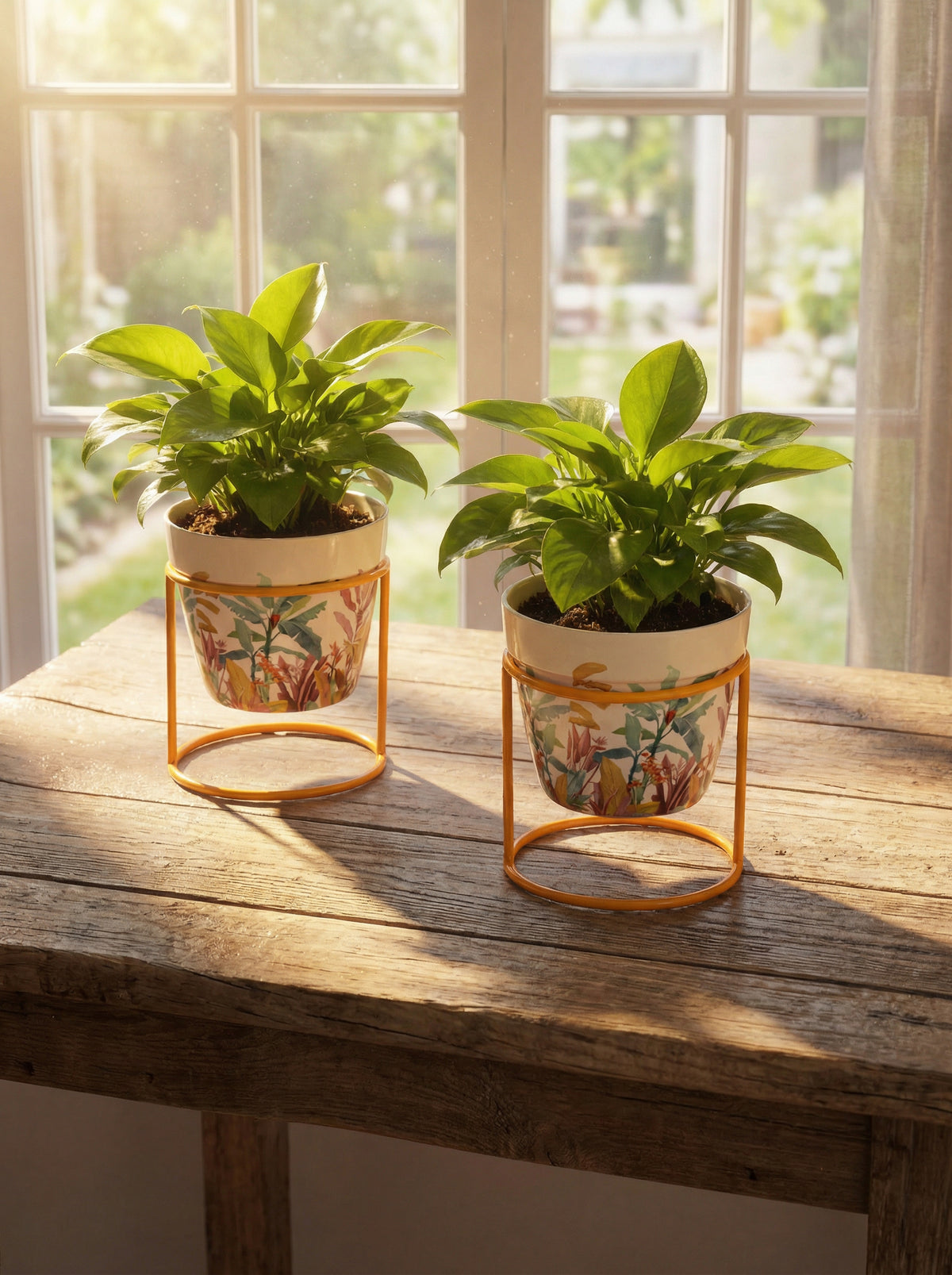 Set of 2 Floral Metal Planters with Gold Stand