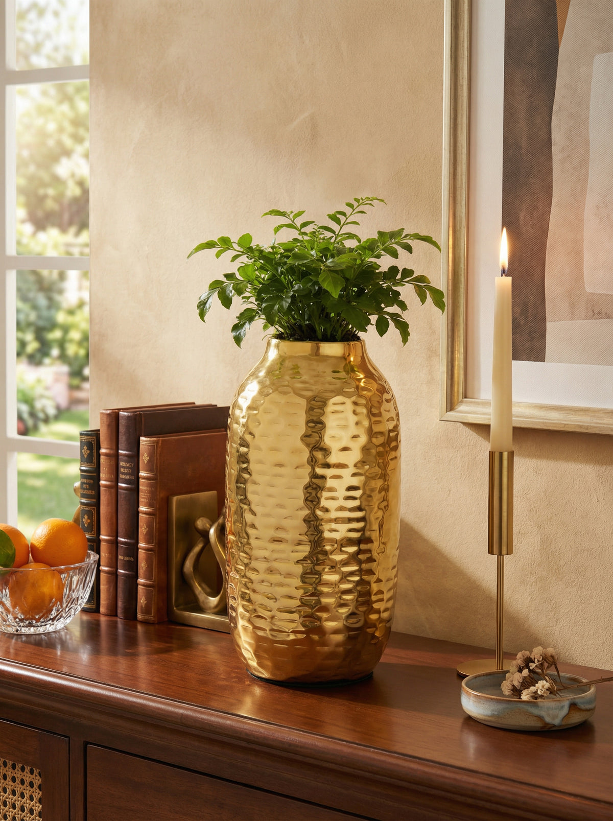 Handcrafted Hammered Gold Metal Flower Vase